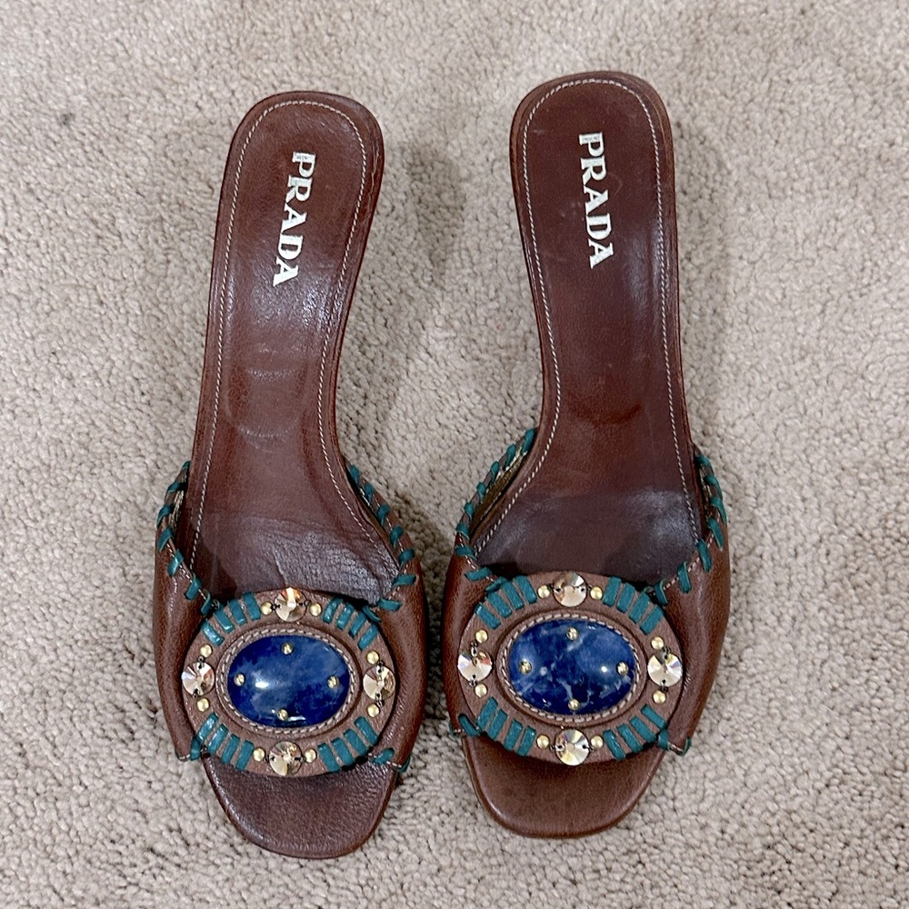 Prada Vero Cuoio Slides with Buffalo Stone.